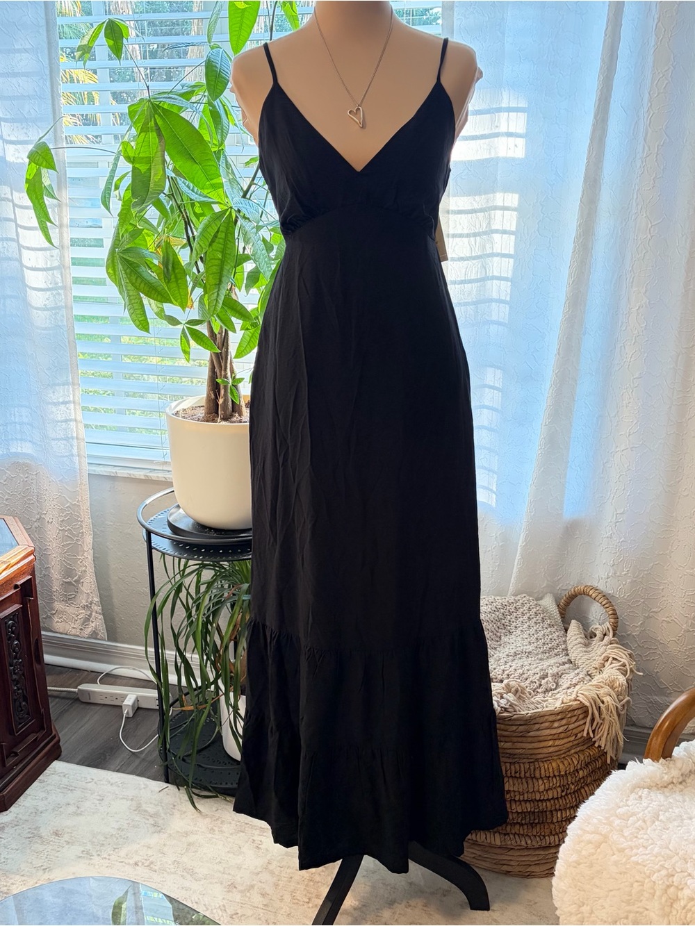A New Day Black Maxi Dress adjustable thin straps open back size small NWT
